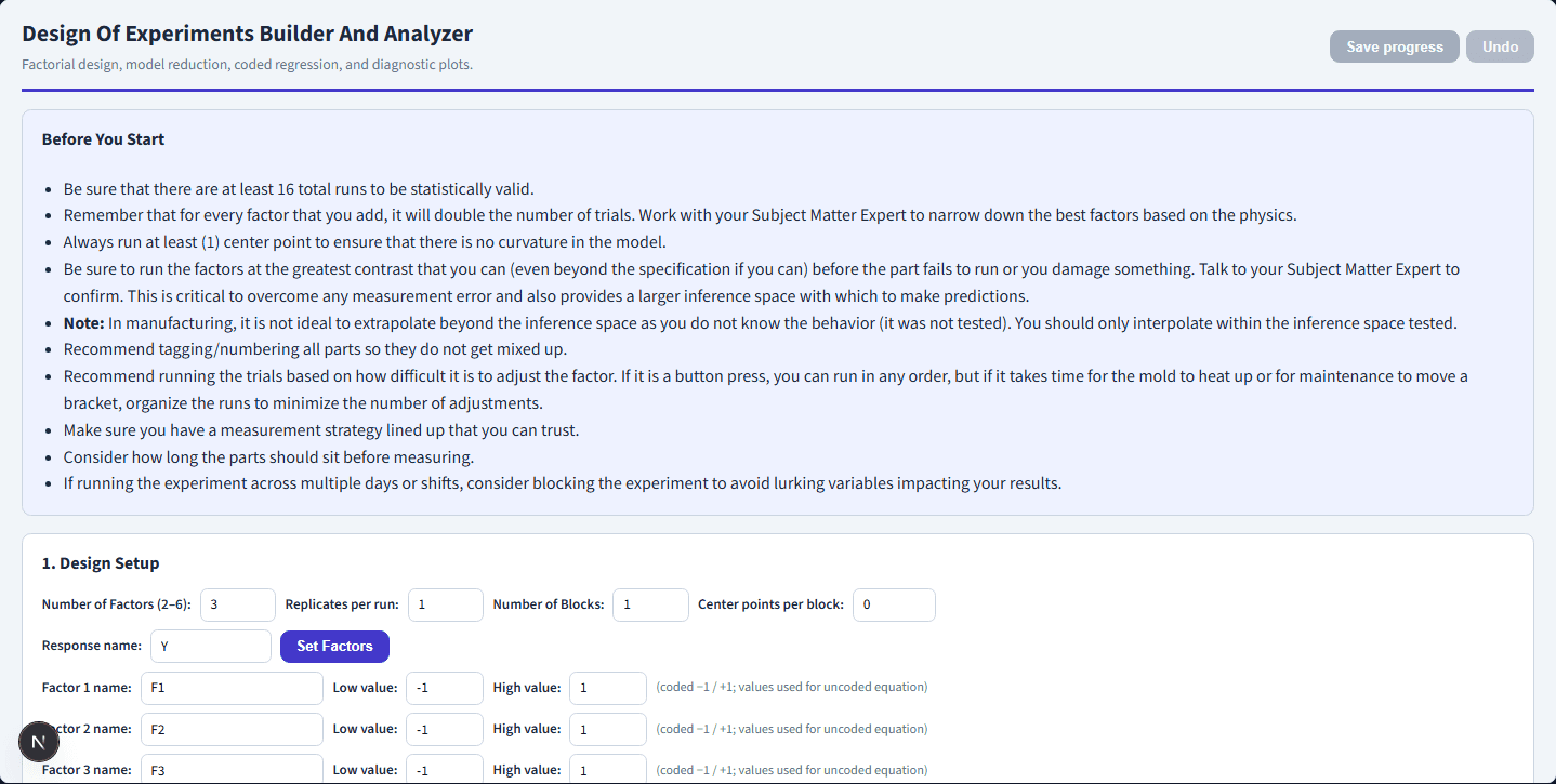 DOE Tool for medical device process validation experiments